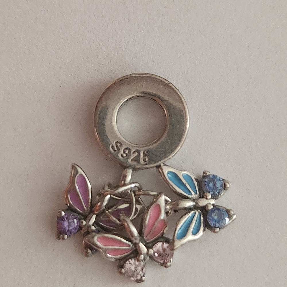 S925 Sterling Silver Butterfly Charm with Pink and Blue,Purple, Gemstone